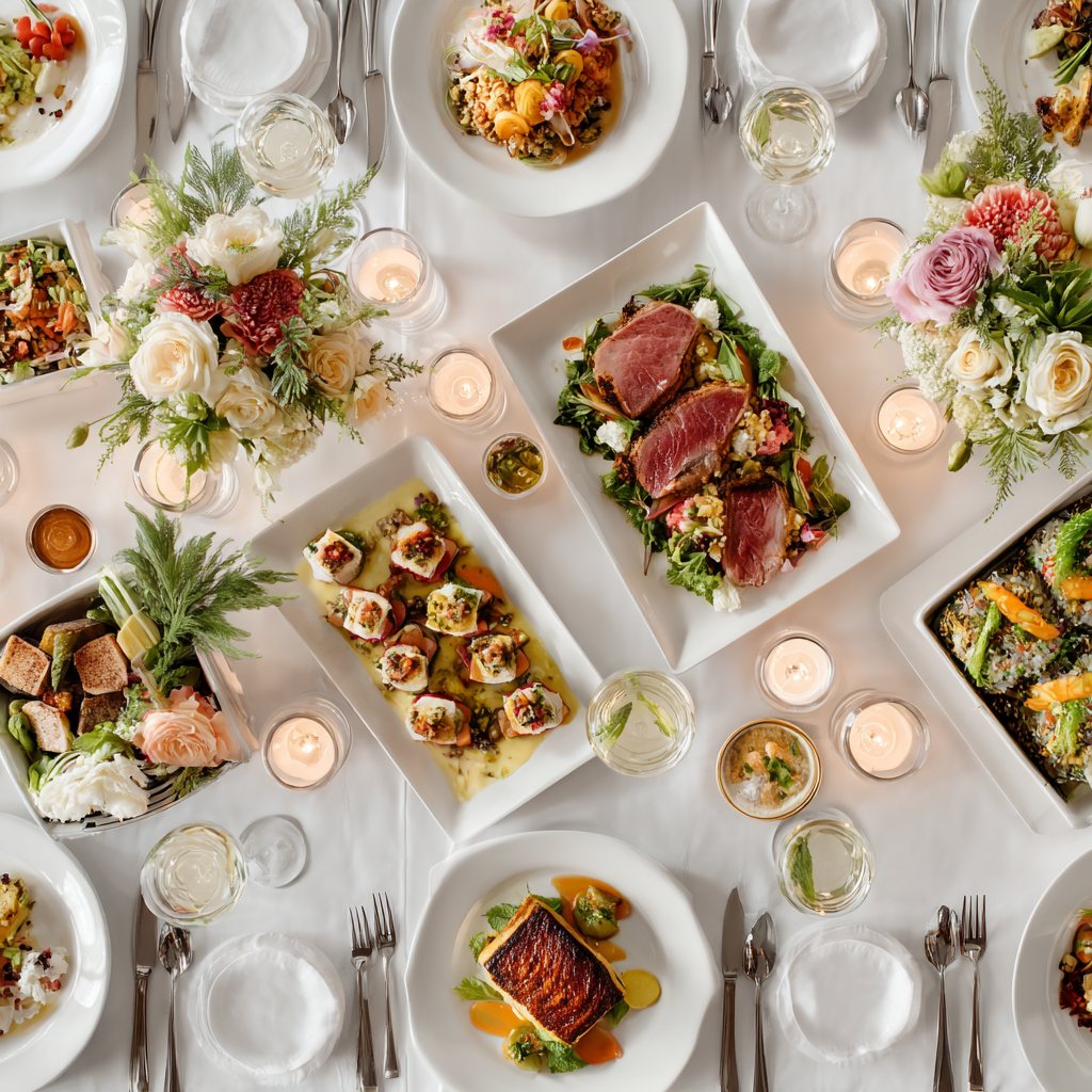 Plated courses laid out on a white banquet table at a catered dinner in Chandler, Arizona